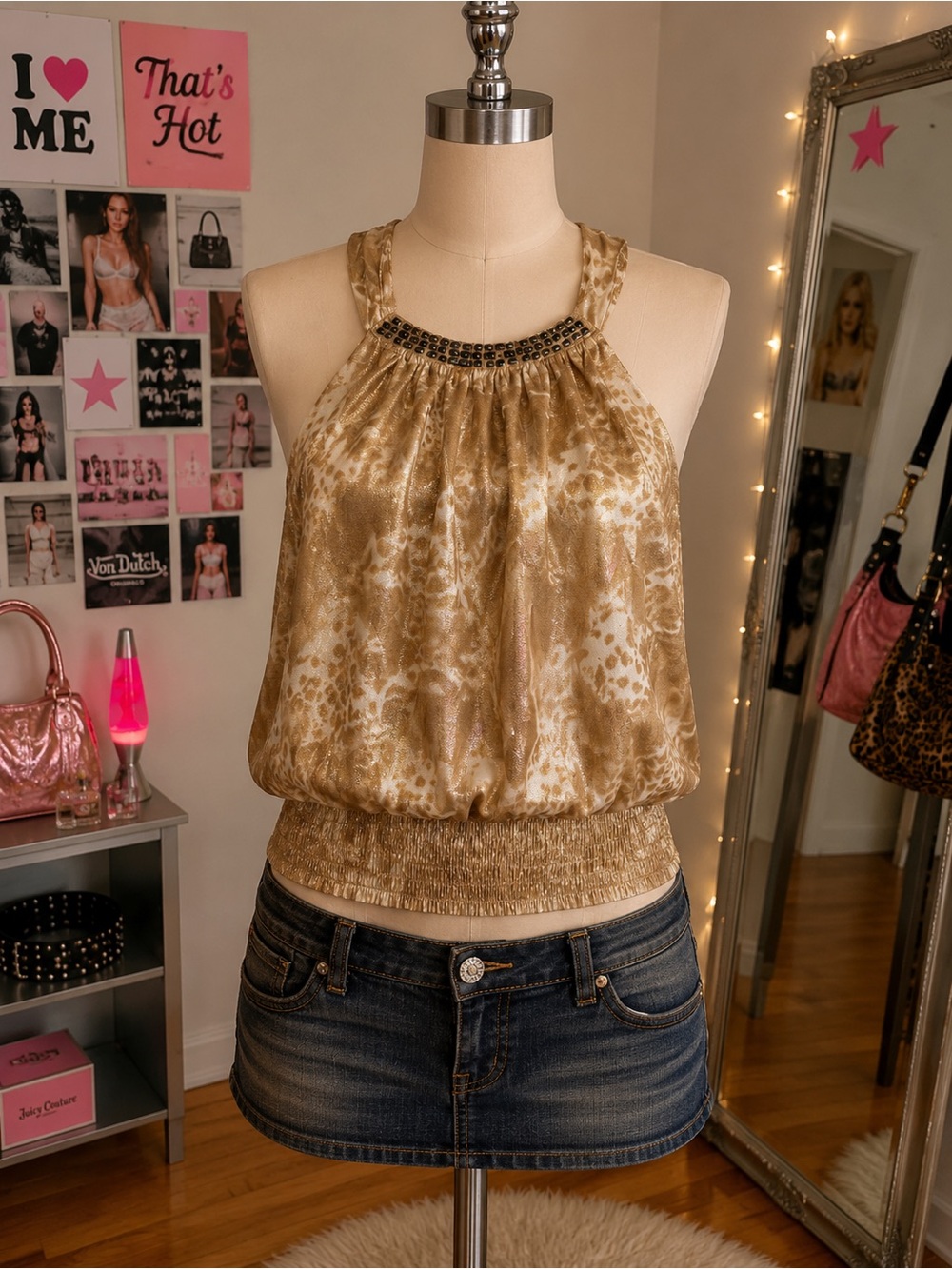 Arden B Gold Metallic Halter Blouson Tank with Beaded Neckline